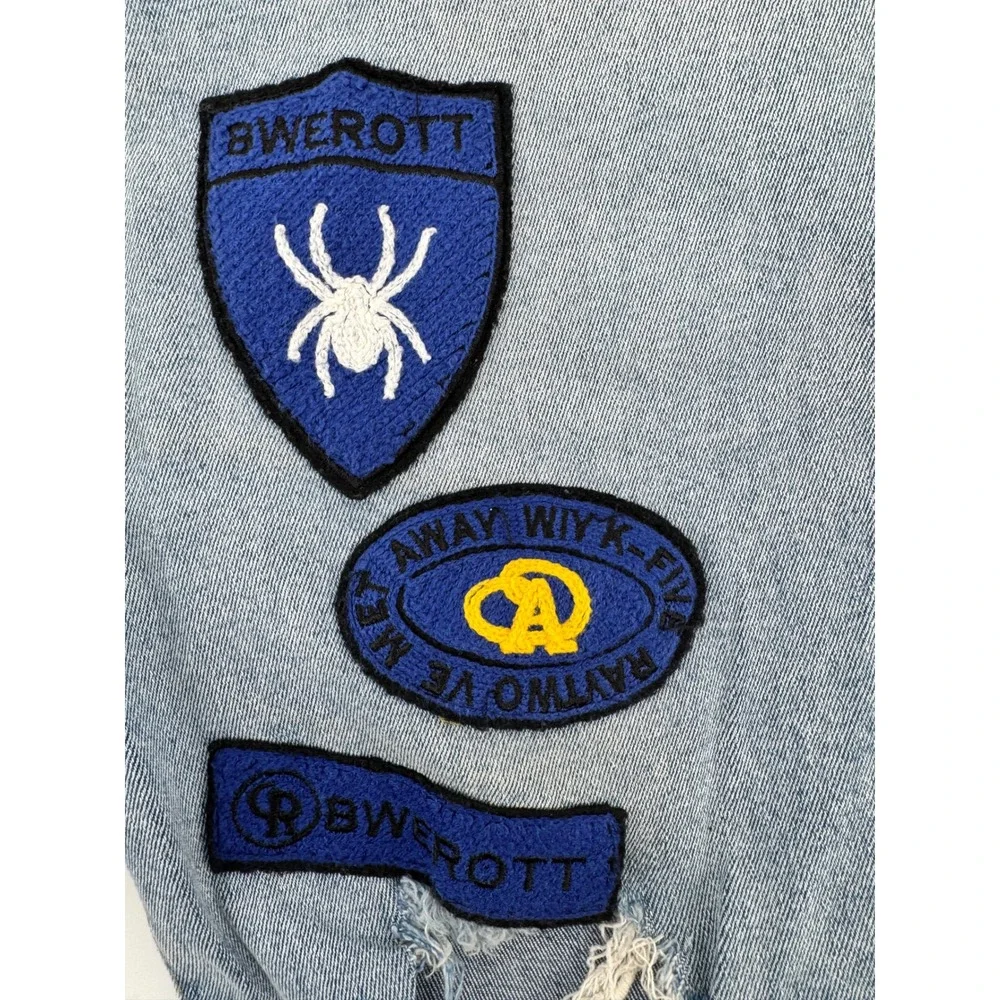 BWEROTT Mens Distressed Light Wash Jeans with Spider Patches Size 35x31
